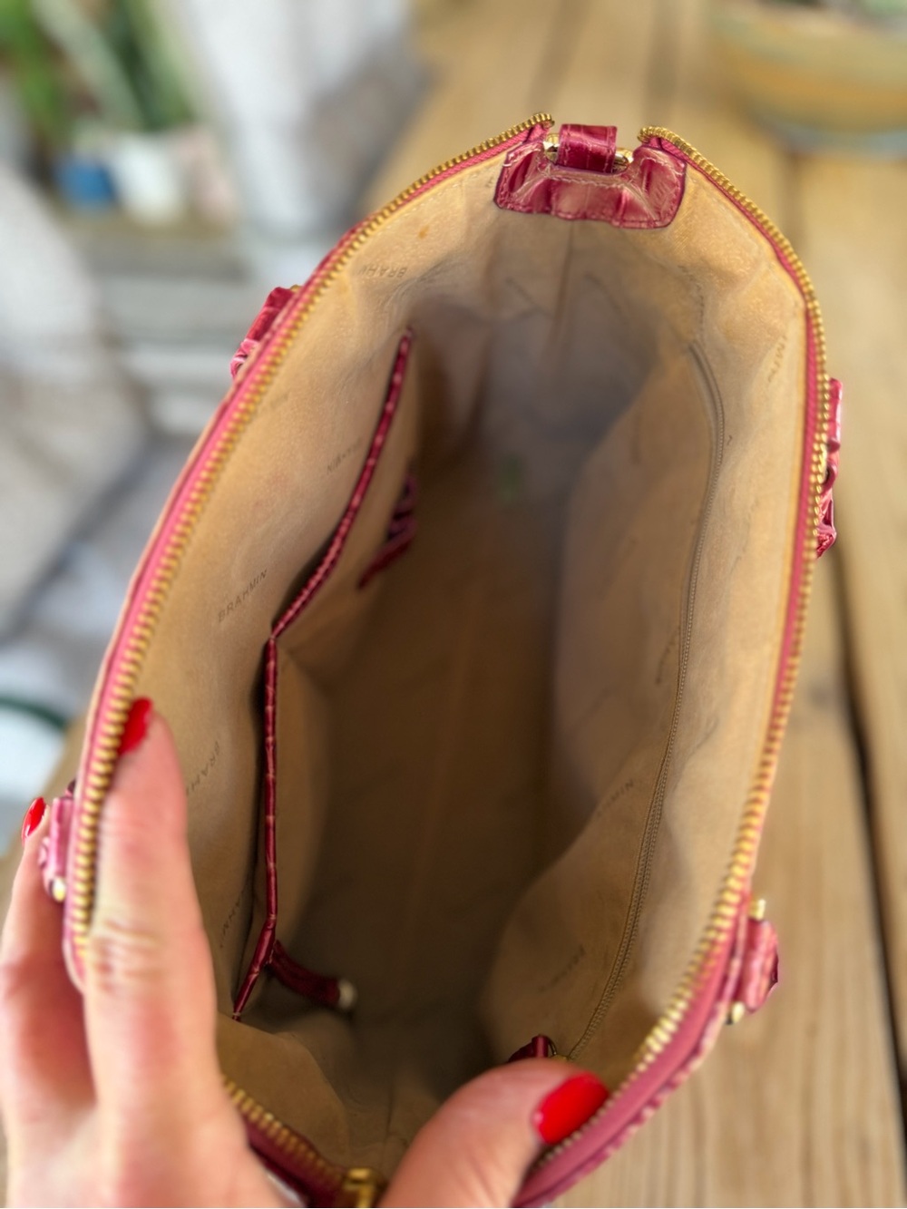 Brahmin Metallic Pink Croc-Embossed Satchel Bag - Picture 10 of 15